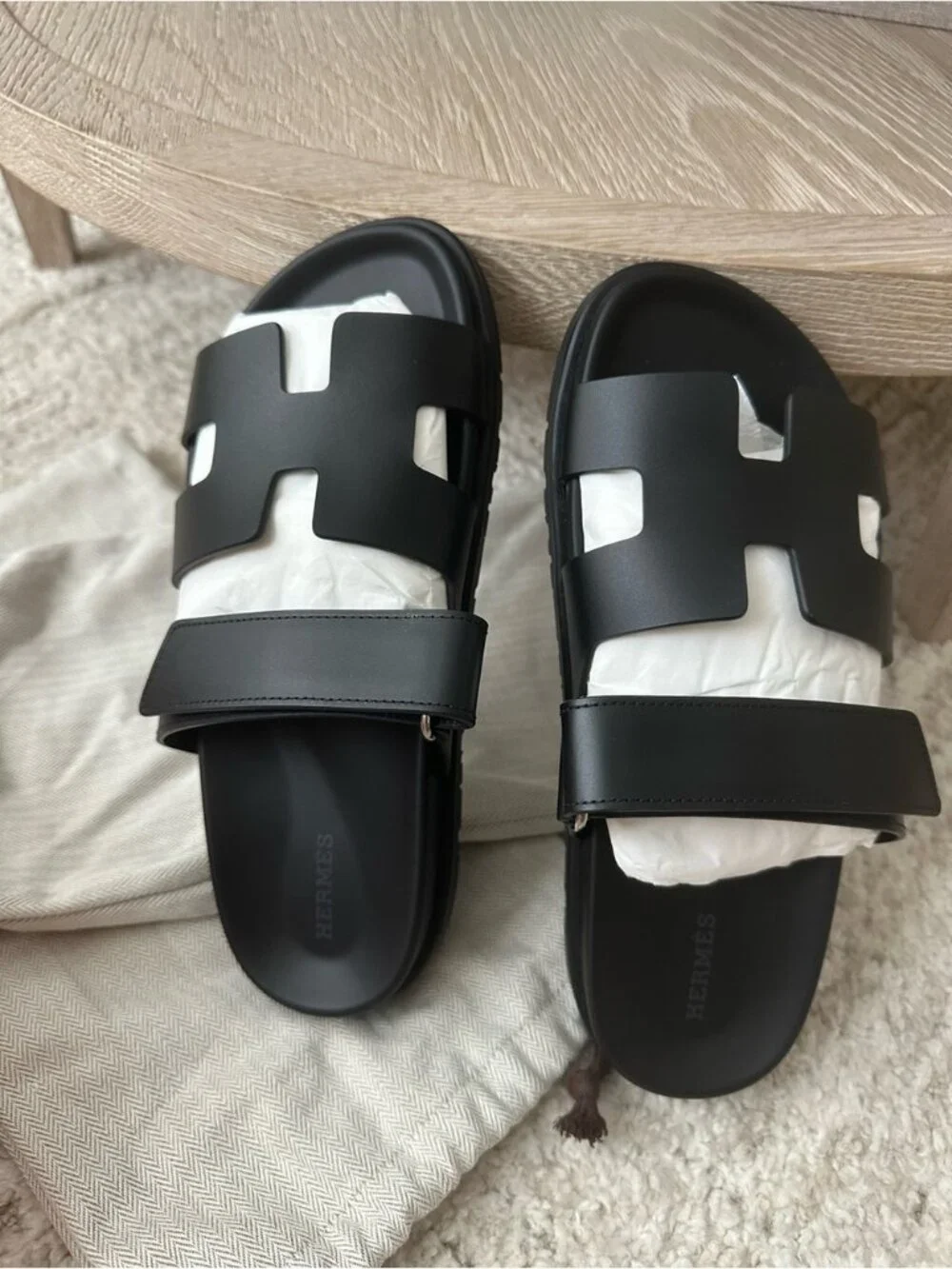 Hermès Black Leather Chypre Sandals Adjustable Strap Slides